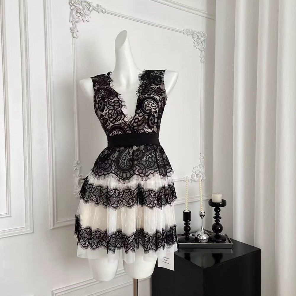 Elegant European Black and White Lace Dress